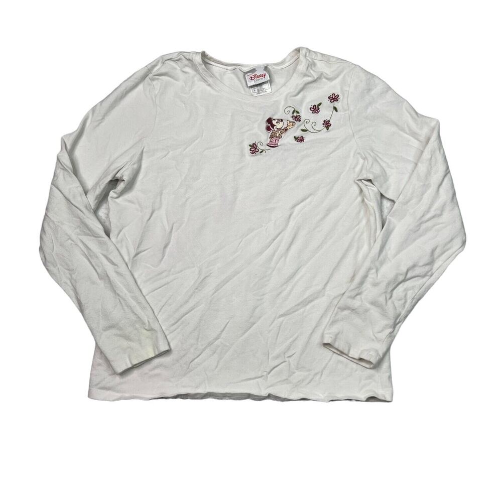 Disney VTG Y2K Embroidered Mickey Flowers Long Sleeve Tee T-Shirt FLAW Large